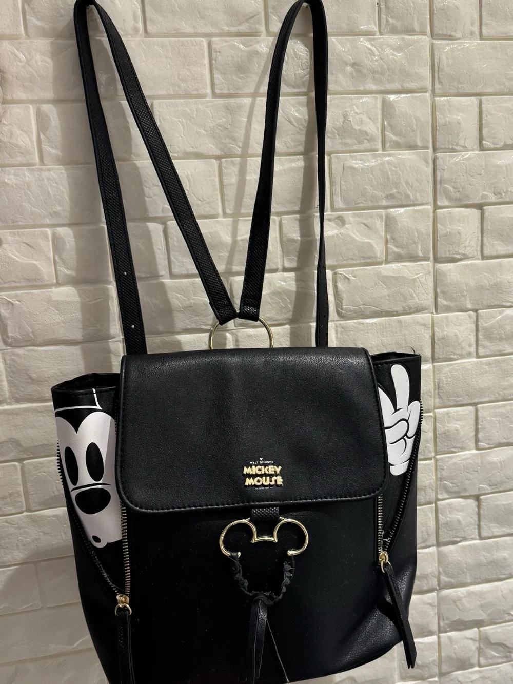 Disney Black Faux Leather Mickey Backpack with Gold Accents